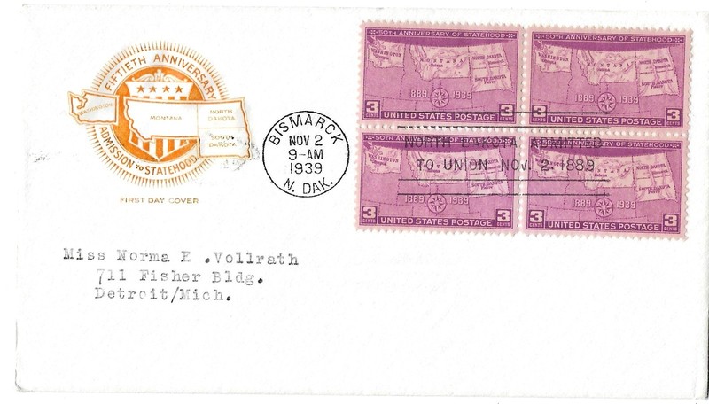 4 '39 FDCs 50th Anniversary of Statehood SD, MT, ND, WA, Cachets SC#858