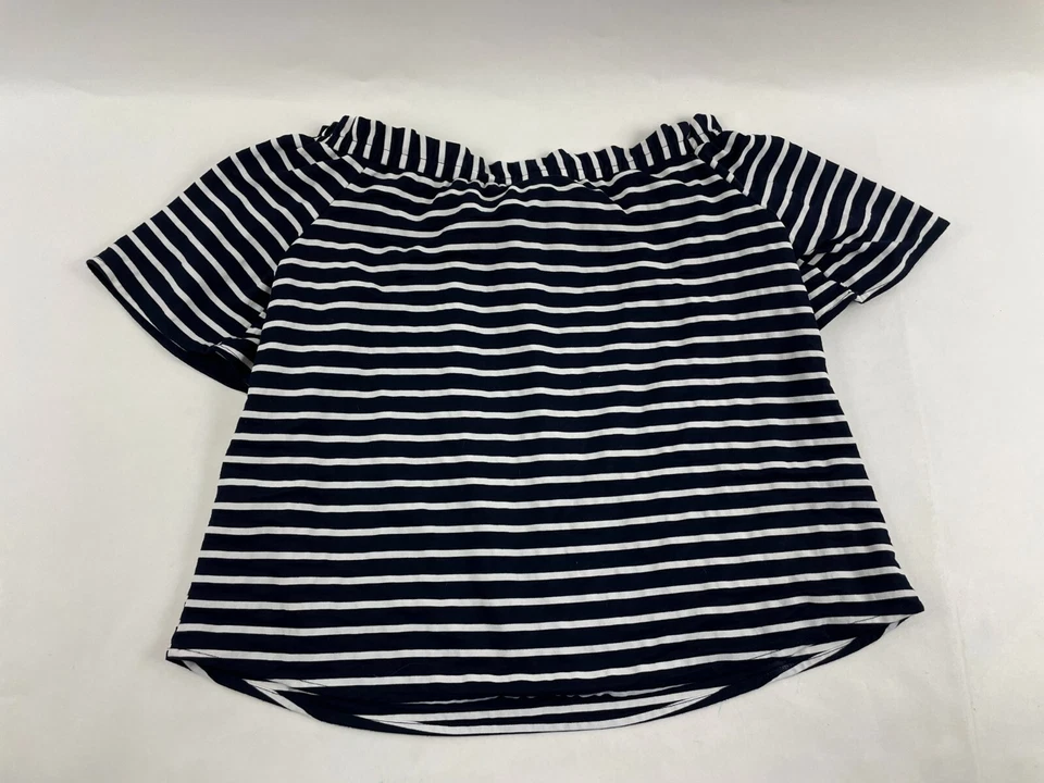 Everly Blouse Women's Size S Navy Blue White Striped Off Shoulder Balloon Sleeve - Image 2 of 4