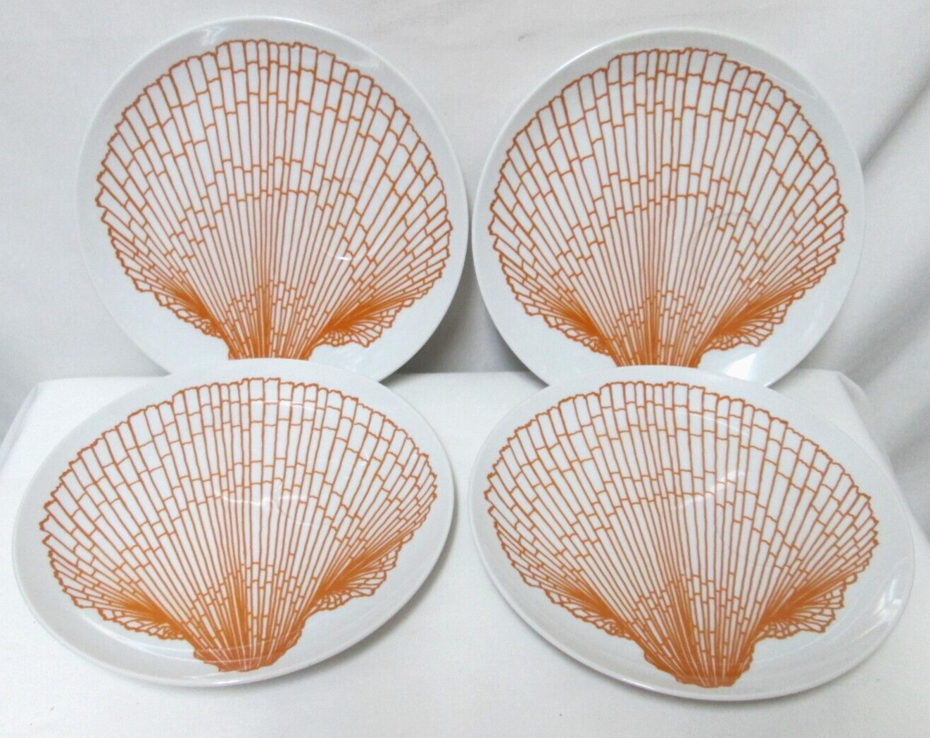 Fitz Floyd Monotone Shell Orange 9" Snack Plate Saucer Scallop Shell Set 4 NEW