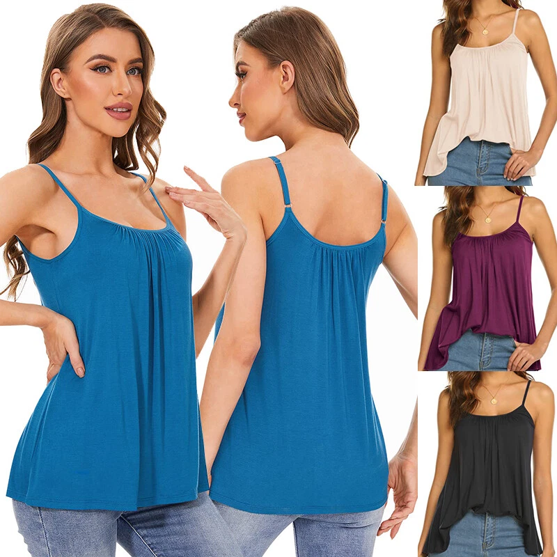 Women Camisole With Built in Bra Flowy Tank Top Adjustable Straps Loose Fit  Vest