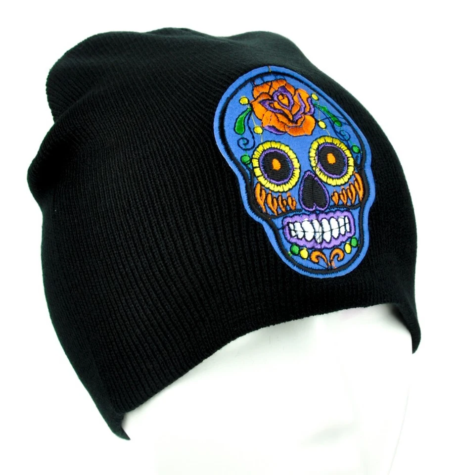 Gorro de punto calavera de azúcar negro y azul Día de los Muertos Día de los Muertos Foto 2 de 4