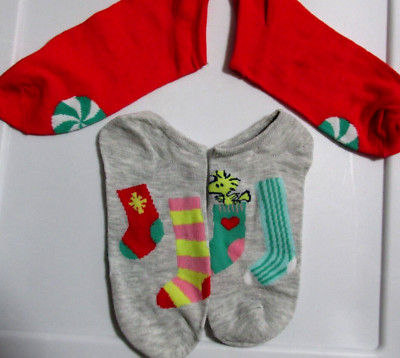 Snoopy Peanuts Christmas No Show Socks Ankle Size 5-10 Gray Woodstock 2 ...