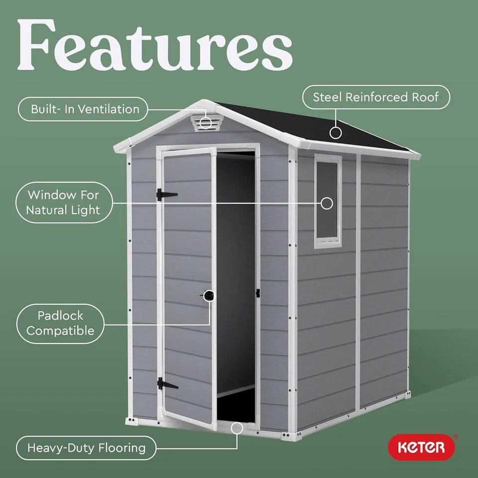 Kit de cobertizo de almacenamiento exterior de resina Manor 4x6 - perfecto para almacenar muebles de patio gris Foto 4 de 4