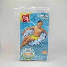 Play Day Shark Swim Tube Pool Float Blue With Repair Patch 2.5ft Wide NEW