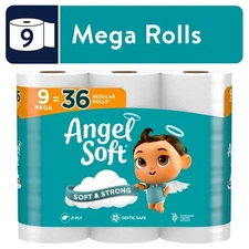 Angel Soft Toilet Paper, 9 Mega Rolls, 2-Ply Toilet Tissue