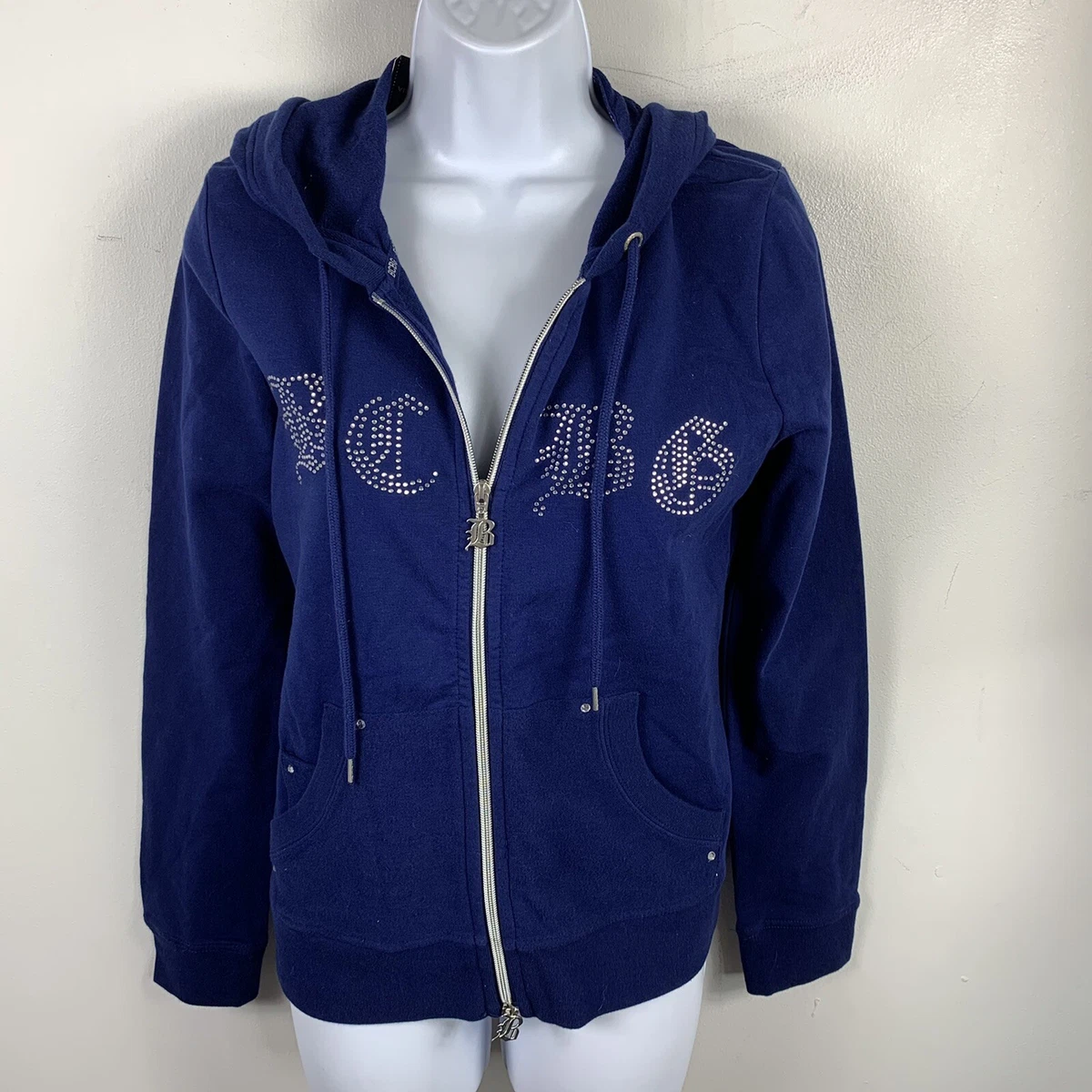 BCBG Womens Hooded Sweatshirt Sz M Blue Zip Front Rhinestone Bling New MQ49