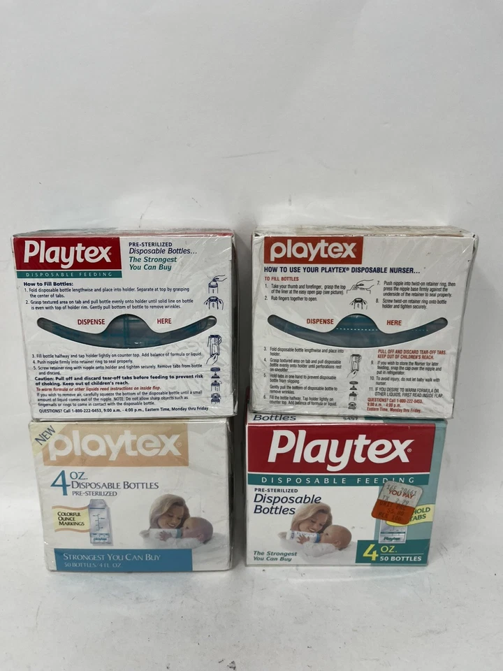 4 x 50-Playtex одноразовые детские бутылочки уверенно держать захват вкладки 4 унций новый запечатанный 1995 - Изображение 2 из 2