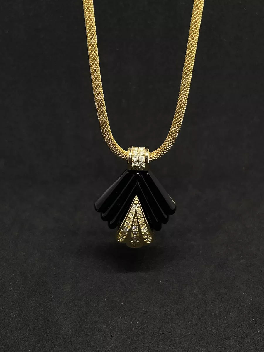 Vtg Christian Dior Gold Plated Black Enamel Pave Crystal Pendant Necklace 19