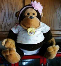 VINTAGE '85 LARGE FAT PLUSH BABY HUGO CHIMP, SHIRT/DIAPER/HEADBAND AND PACIFIER
