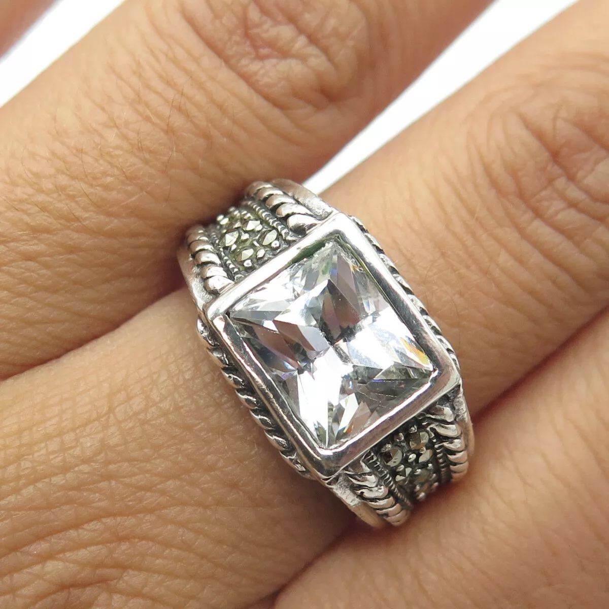 925 Sterling Silver Vintage Princess Cut C Z Marcasite Cocktail