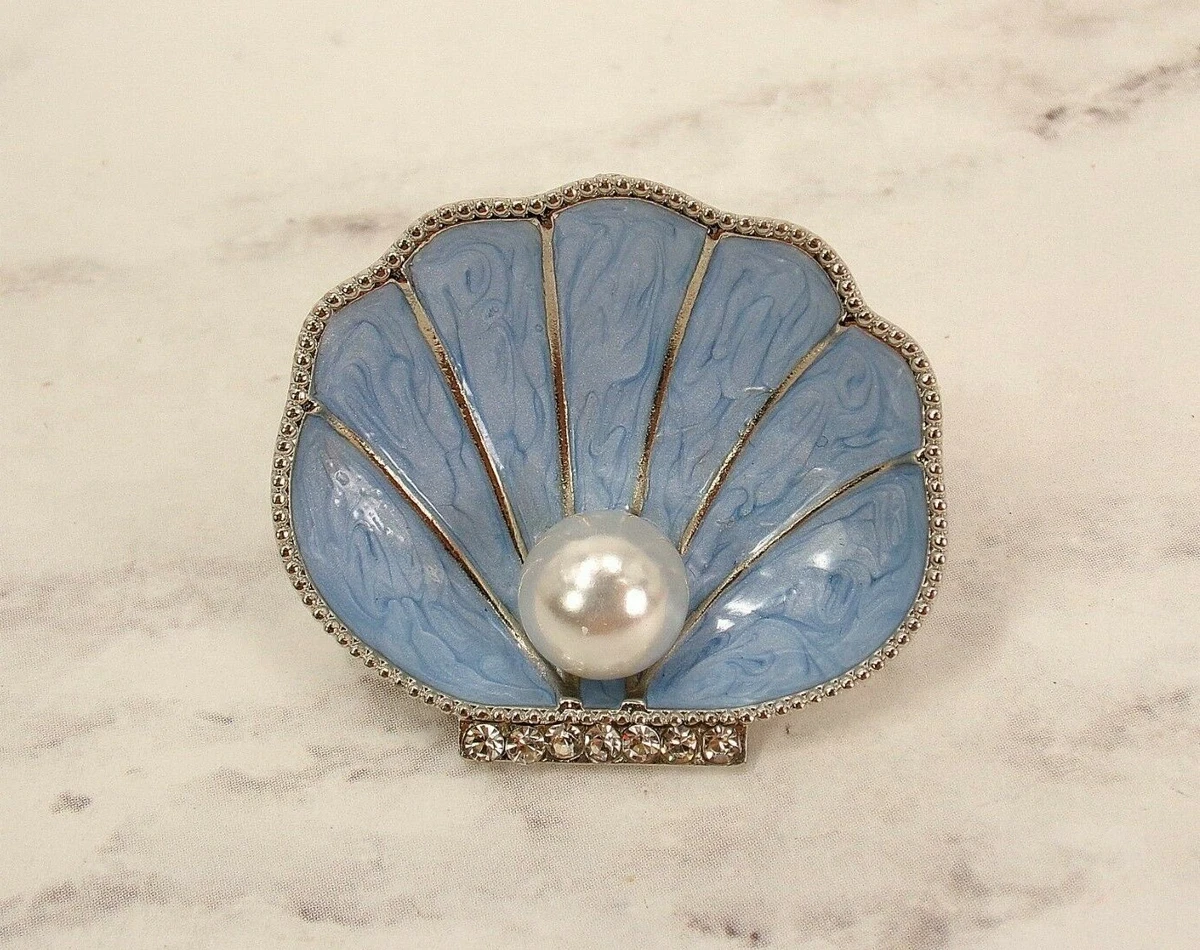 Pretty blue sea shell pin brooch with white pearl and clear crystals. New