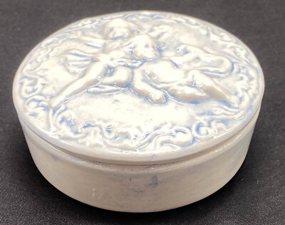 Round white & blue Ring Box / Trinket Box with lid with two Cherubim