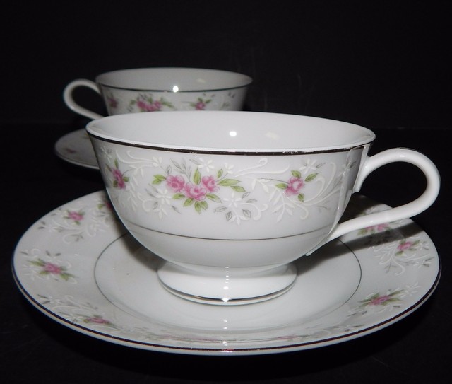2 Royal Crown China Japan Cups & Saucers Pink Floral Flower Silver Trim