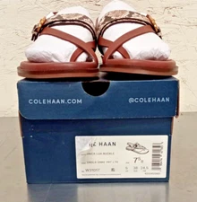 Cole Haan Wmen Anica Lux Buckle Flat Sandal, Brown Snake Print Leather, 7.5