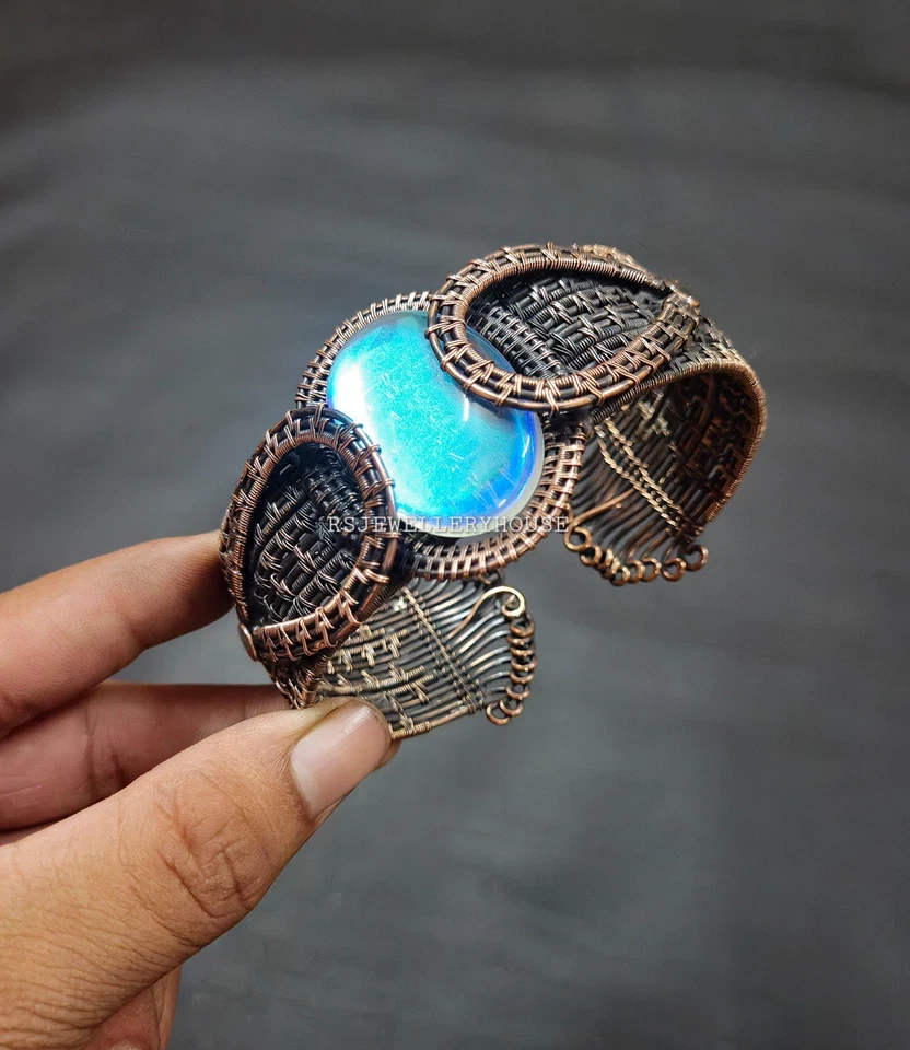 Brazalete Místico Ópalo Lechoso Envuelto en Alambre de Cobre Brazalete Brazalete Ajustable Foto 3 de 4