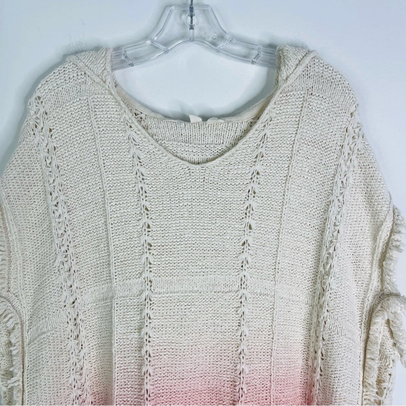 OFF WHITE Felpa con cappuccio falena rosa panna uncinetto boho costiera frange maglione oversize small XS