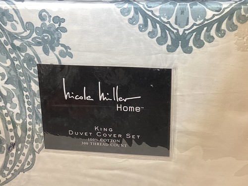 Neu Nicole Miller 3-teiliges blaues Muster 100 % Baumwolle Bettwäscheset King/Groß 300 Stück mit 2 Kissen - Bild 2 von 5