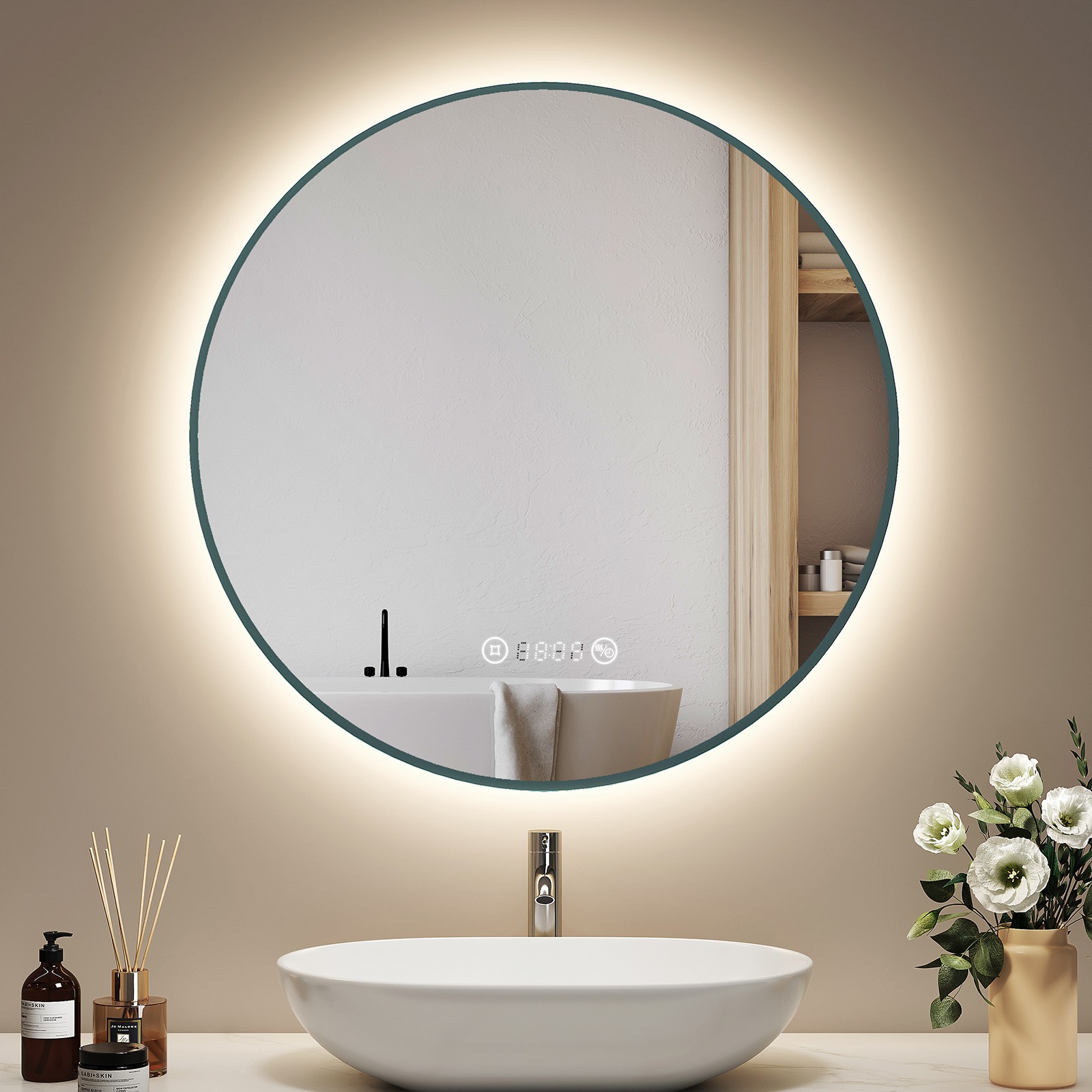 EMKE Round LED Bathroom Mirror With White Lights Clock Demister Black Frame 60cm