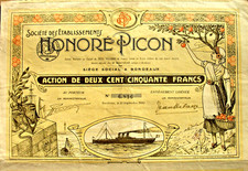 Soc des Etabl. Honoré Picon historia. Akcje + Kup. Bordeaux 1919 Francja France
