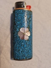 Vtg Lighter Case MOP Flower Abalone Turquoise Western Cover Holder for Bic 