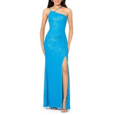 NWT Xscape Womens Blue Sequin Asymmetric Neck High Slit Gown Size 12