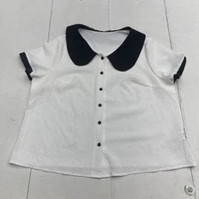 Shein Curve White Textured Black Collared Short Sleeve Button Up Women's 1XL New