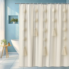 Boho White Shower Curtain with Tassels and Pom Poms