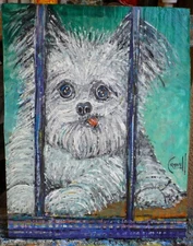 THE ALPHA DOG  dog pet new original 8x10 card panel oil painting by Crowell