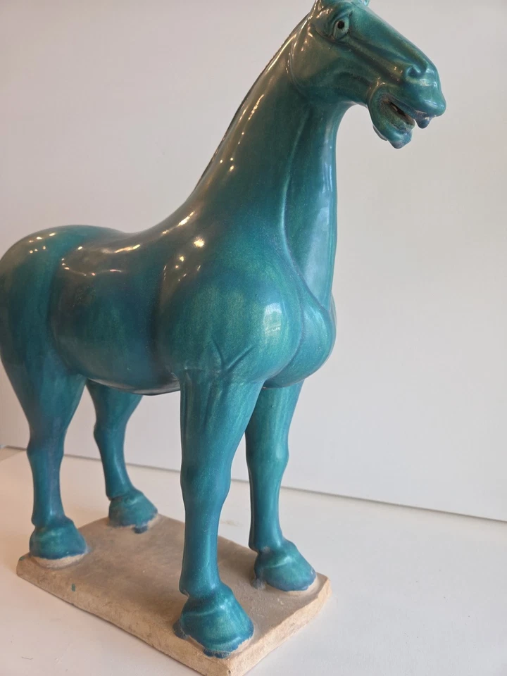 17" Old Chinese Blue Glaze Tang Sancai Cerámica Pottery Dynasty Palace Horse St - Image 3 of 4