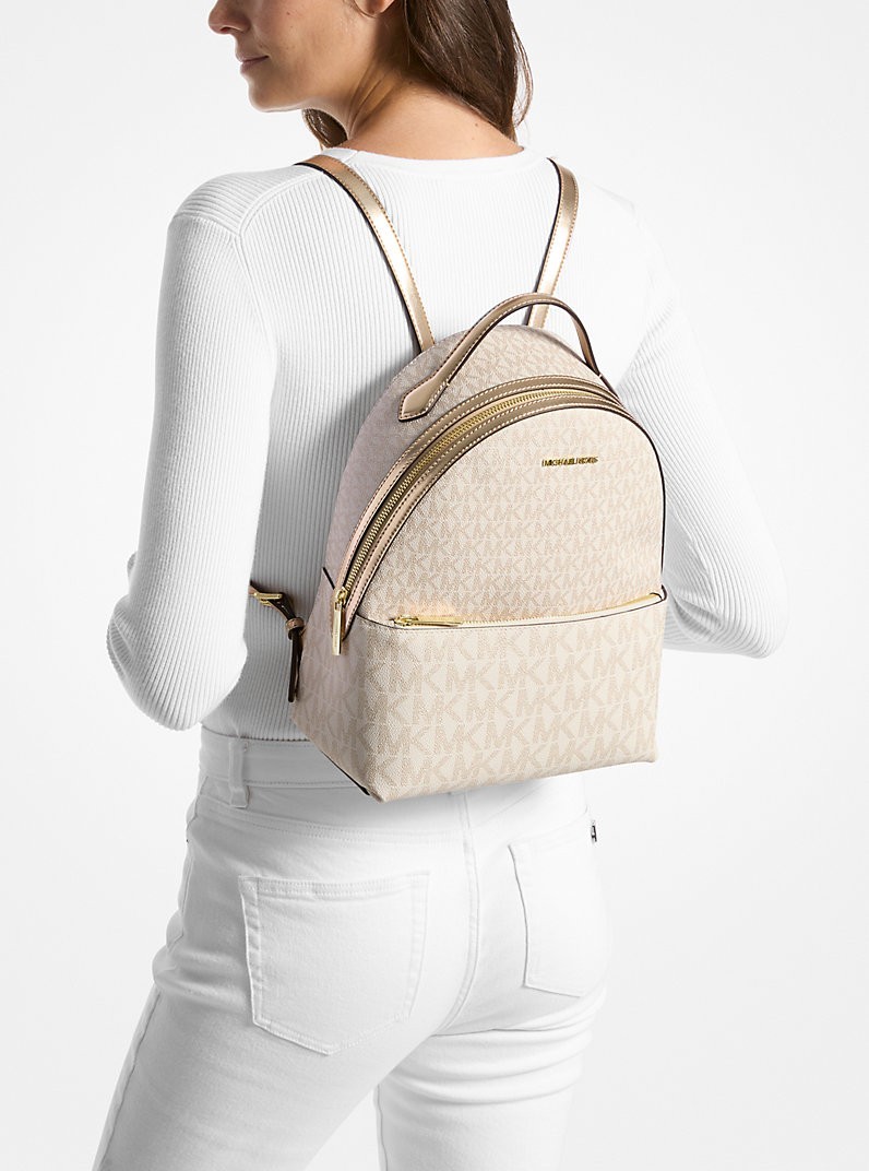 Michael Kors Sheila Medium Two-Tone Signature Logo Backpack Bag Pale Gold