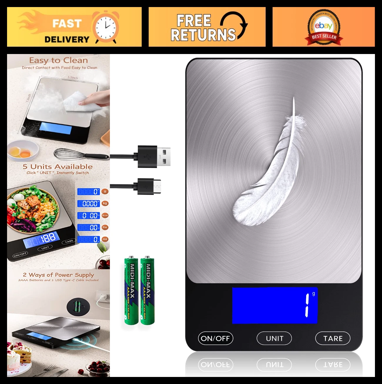 Digital Kitchen Food Scale 33lb - Rechargeable Stainless Steel, Ounces & Grams,