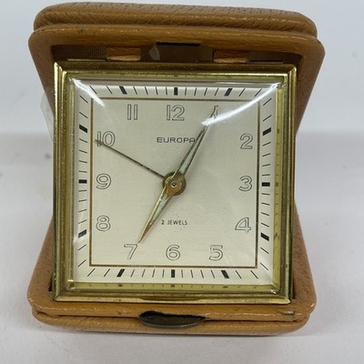Vintage Europa 2 Jewels Reisewecker im l. hellbraunen Lederetui deutsch 50er Jahre