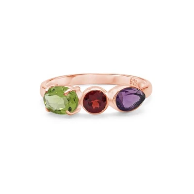 Bague trilogie en argent sterling 925 plaqué or rose péridot, grenat, améthyste - Photo 1/3