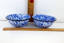 VTG Lot of 2 - Porcelain Enamel/Granite Ware White Blue Splatter 6" Cereal Bowl