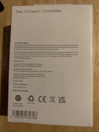 Genuine Google 30 W Fast USB-C CHARGER + CABLE + DONGLE BRAND NEW & SEALED - Picture 4 of 6