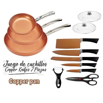 JUEGO DE 3 SARTENES 2 TAPAS CUCHILLOS TIJERAS COLOR COBRE COPPER PAN APTO HORNO