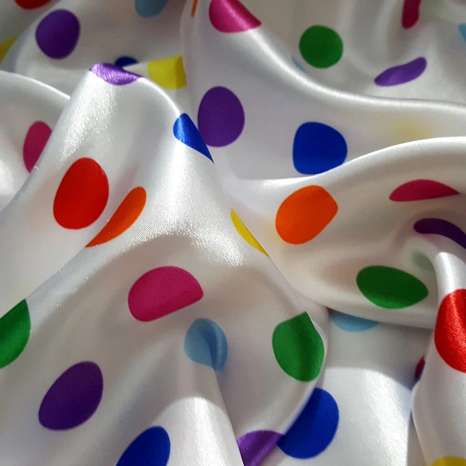 MULTI COLOR POLKA DOT ON WHITE SATIN CHARMEUSE FABRIC 3/4" DOT 58" BY THE YARD  - Image 2 of 4