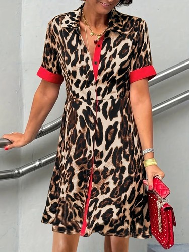 Women'S Chic Button Front Leopard Print Red Short Sleeve Above Knee Length Dress