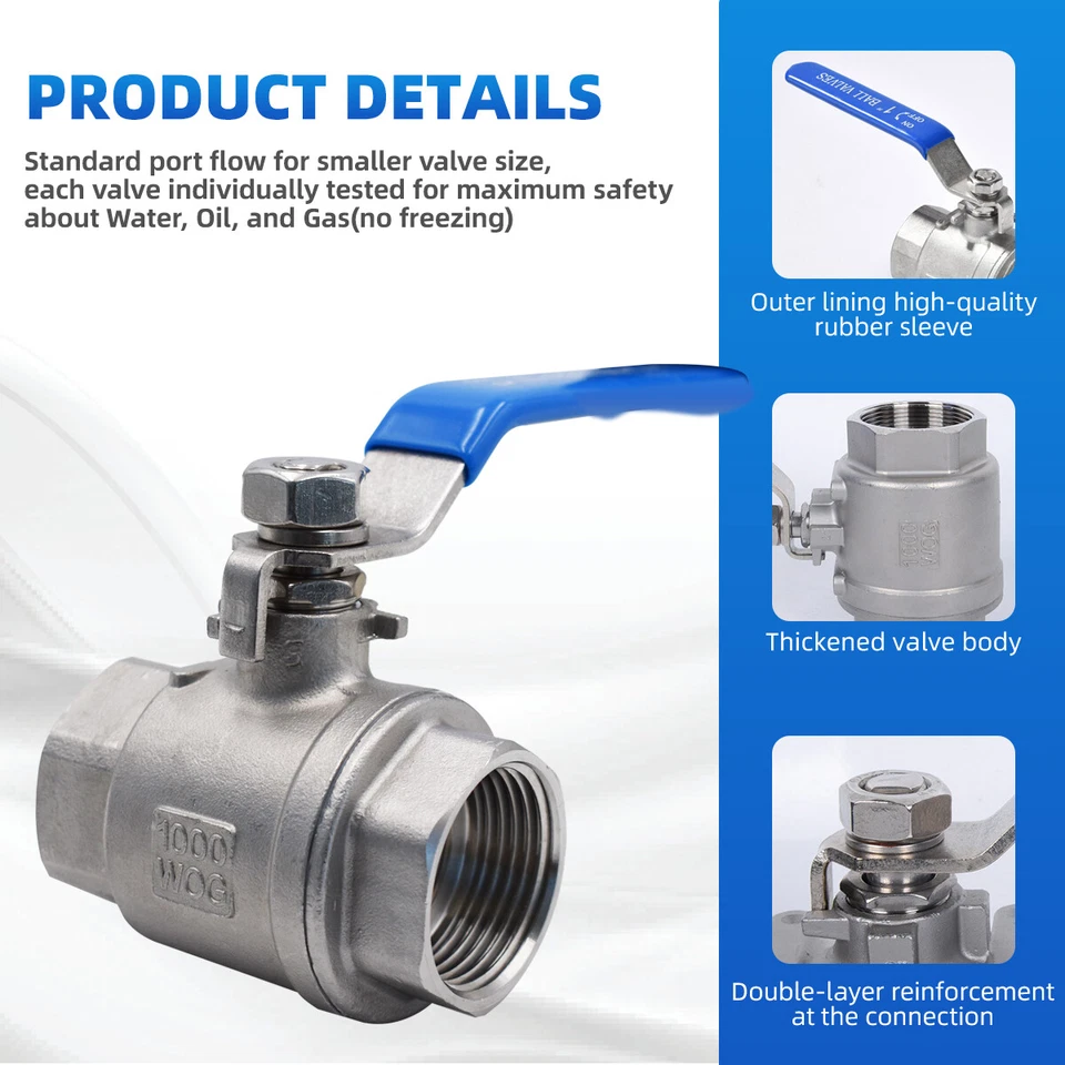 2 Pack 304 Stainless Steel 1/4 inch 2P Ball Valve full  Port for Water Oil Gas - Image 2 of 4