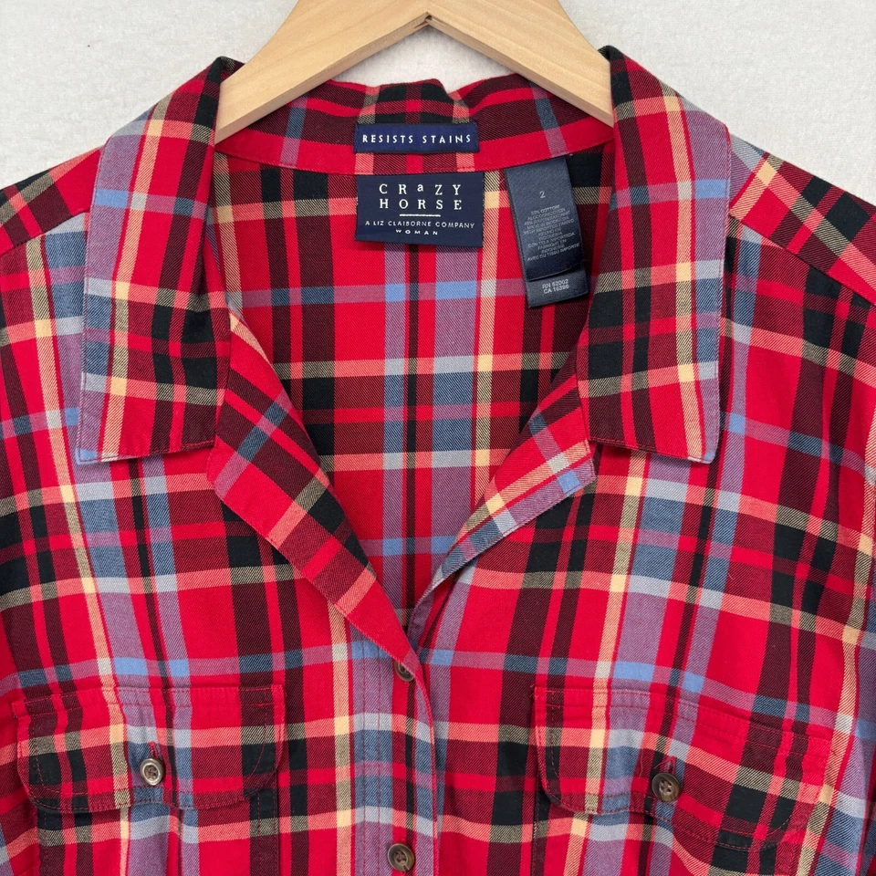 Camisa CRAZY HORSE 2 Plus LIZ CLAIBORNE Mujer Franela Cuadros Tartán Abotonada Roja Foto 3 de 4