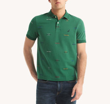 Nautica Mens Classic Fit Moisture Wicking All Over Logo Printed Polo Shirt Green