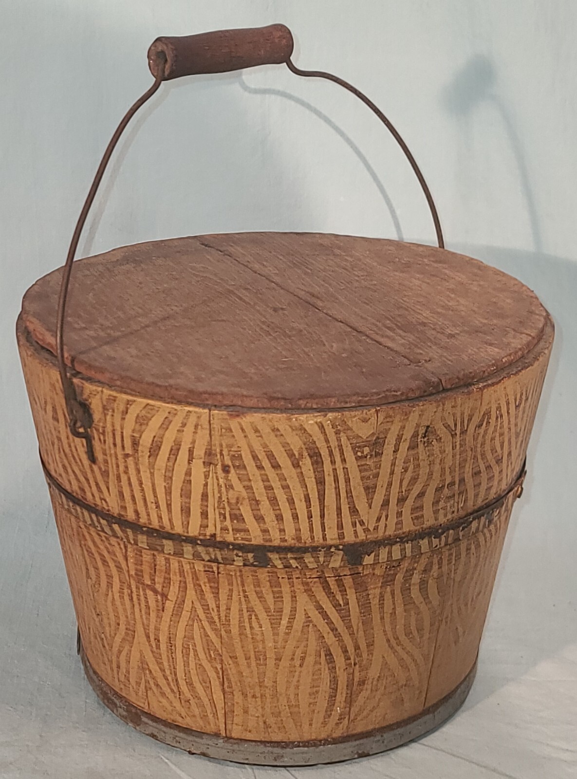 Early Primitive Wooden Bucket w/ Lid & Handle, Maple Syrup Sap Bucket