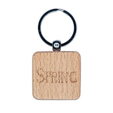 Spring Floral Text Engraved Wood Square Keychain Tag Charm