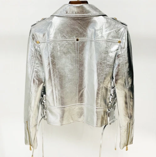 NUEVA Chaqueta Hecha a Mano Fiesta Plateada Genuina Motocicleta Mujeres Piel de Cordero Cuero Foto 3 de 4