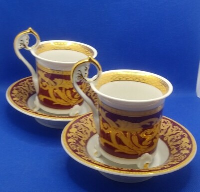 Antique Leander Czech Porcelain Tea Cups/Saucer burgundy Gold Footed 1907 Loucky