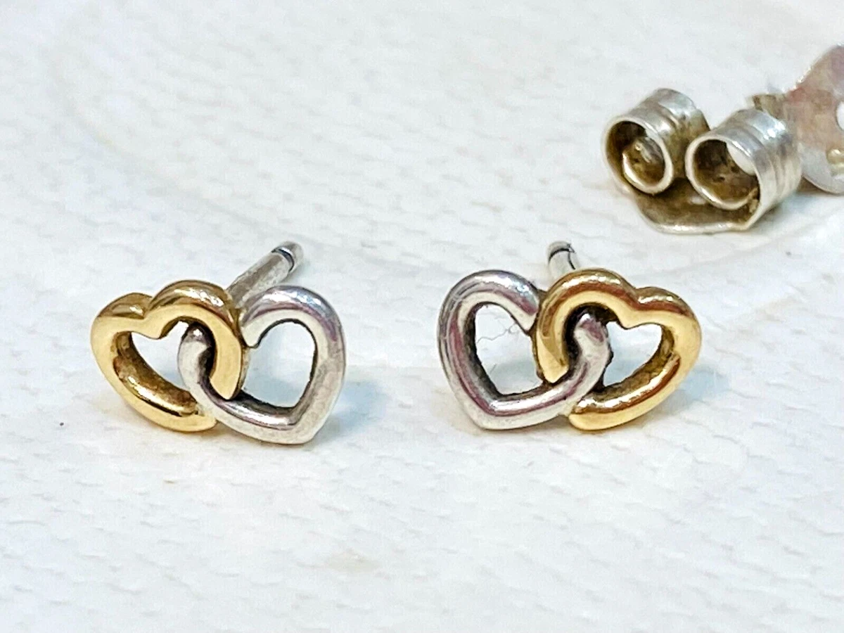 Authentic Pandora Silver Gold Two Tone Dual Hearts Earrings Studs