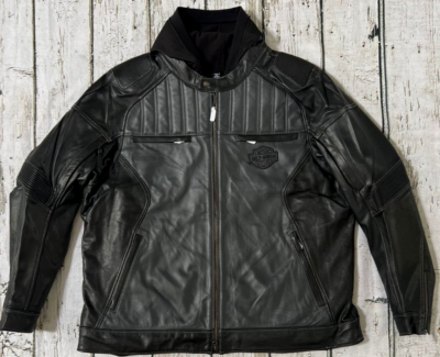 Harley Davidson Men's Reversion Black Grey Leather Jacket Hoodie