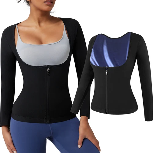 Damen Sauna Anzug Schwitzen Schlankmacher Weste Body Shaper Reißverschluss Langarm Fitnessstudio Tops - Bild 13 von 13