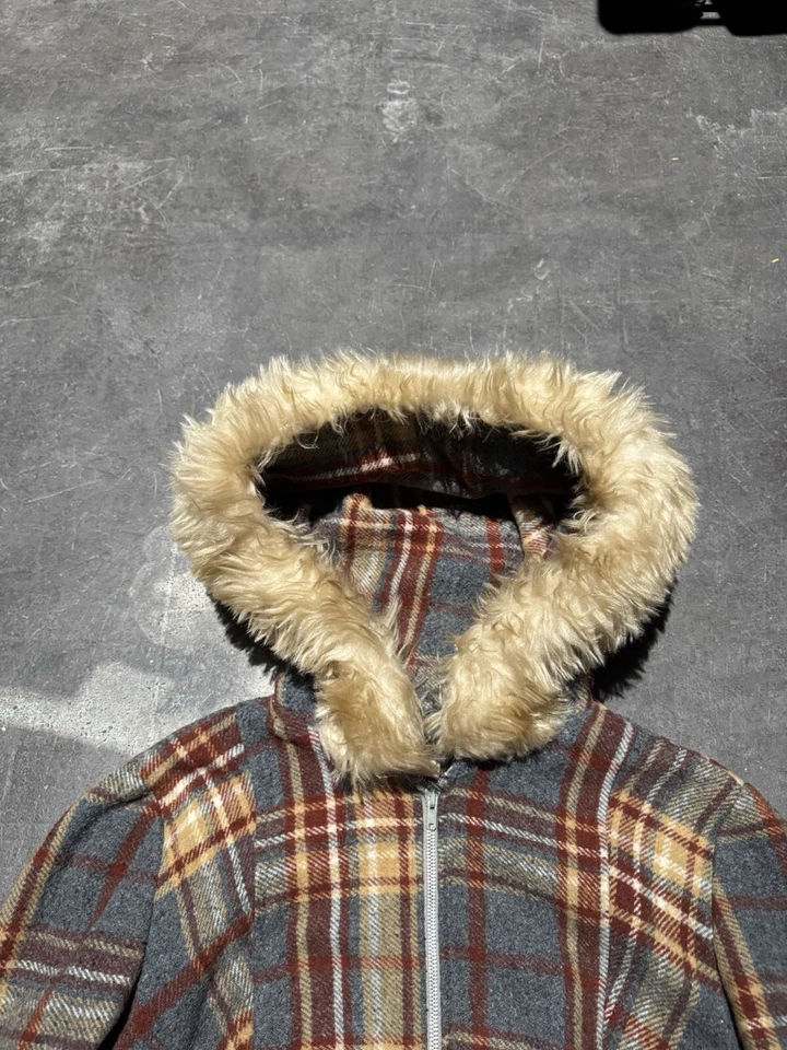 Chaqueta con Capucha Vintage Cuadros Otoño Otoño Piel Talla 18 1/2 Foto 4 de 4