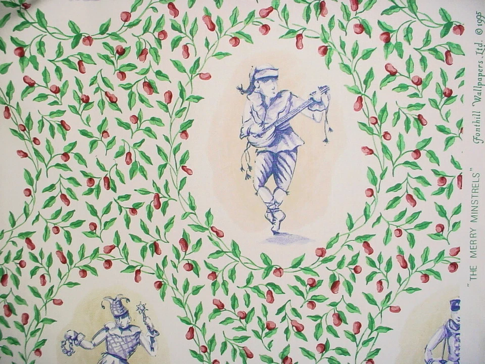 1-1/4Y Scalamandre The Merry Minstrels FH Leaf Green Berry Red Upholstery Fabric - Image 3 of 4